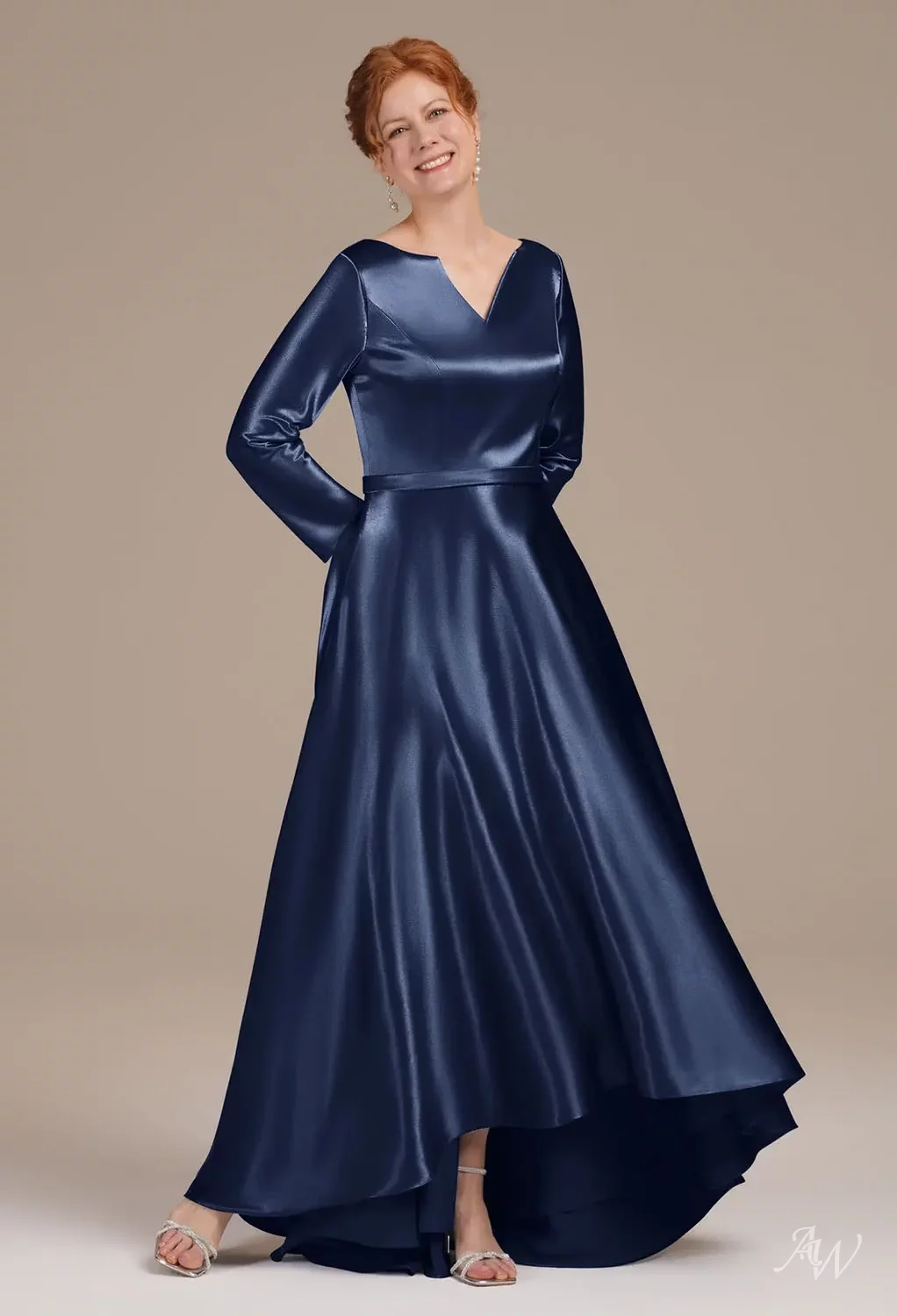 AW Presto Dress, Blue Ashes Crystal Satin Hi Lo V-Neck Mother of